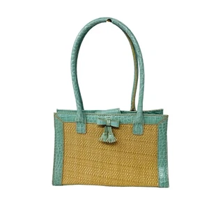 Vintage Liz Claiborne Aqua & Beige Weave Tweed Basket Bag Purse 1990’s - Picture 1 of 13