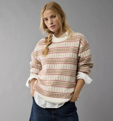 American Eagle So Soft Crew Neck Sweater Women's Size Small Off-white Red - Image 1 of 4