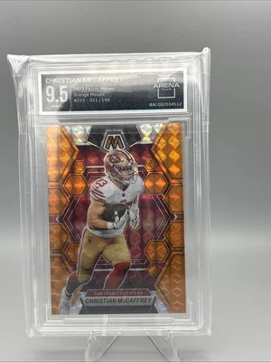 2023 Panini Mosaic Christian McCaffrey Orange Mosaic /199 Arena 9.5 - Image 1 of 2