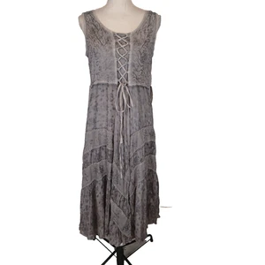 Just Cruising midi sundress free size gray embroidered tie - Picture 1 of 20