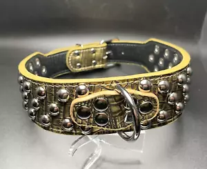 2" Wide Dog Studded Rivet Collar Adjustable PU Leather LARGE Crocodile Gold - Picture 1 of 7