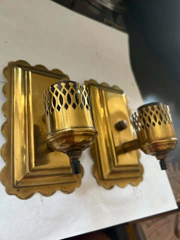 PAIR 2 VINTAGE ARTS CRAFT DECO VICTORIAN BRASS WALL SCONCE LIGHT FIXTURE ON OFF Cover