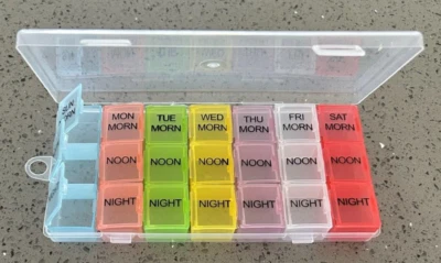 7 Day Weekly Pill Organizer Color Coded Pill Box Case Dispenser MORN/NOON/NIGHT - Image 1 of 4