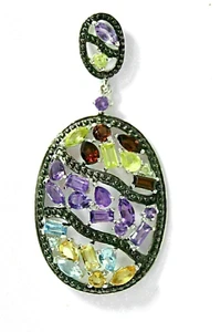 Silver Pendant Topaz Amethyst Garnet Genuine Gems Part Black Rhodium With Chain - Picture 1 of 24