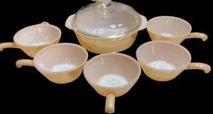 vintage Anchor Fire King Prach luster set 1.5qt w/lid 5 handle bowls Beehive - Picture 1 of 13