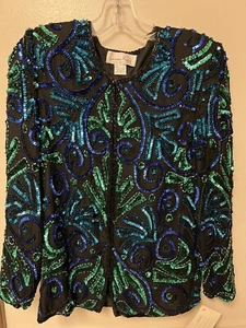 Lawrence Kazar Womens Shimmer Sequin Beaded Blazer Jacket Small Blue Green Black - Picture 1 of 7