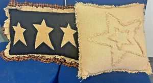 PAIR THROW PILLOWS RUSTIC BURLAP PLAID STARS - Picture 1 of 7