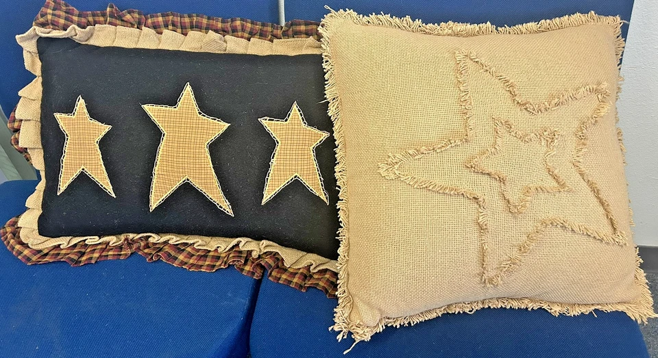 PAIR THROW PILLOWS RUSTIC BURLAP PLAID STARS - Image 1 of 4