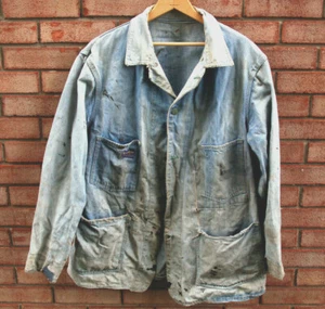 Chaqueta de granero Osh Kosh L azul sanforizado jean golpeado tarea destruida denim para hombre - Imagen 1 de 12