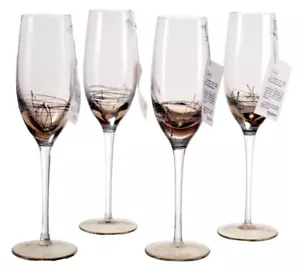 ION TAMAIAN Art Glass Champagne Flute Amber Set/4 Hand Painted Romania New - Picture 1 of 13