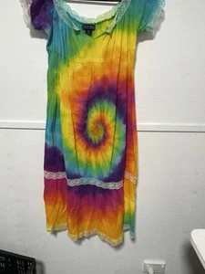 Sarah Jean Size S Tie Dye Short Sleeves Cotton Seersucker Dress Elastic Waist - Picture 1 of 15