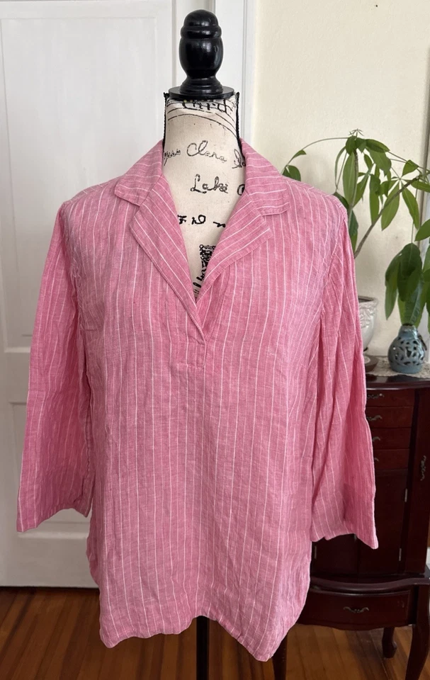 Charter Club Mujer Talla L Rosa Rayas Manga 3/4 Lino Popover L766 Foto 1 de 4
