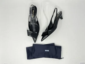 Prada Black Logo Bow Pointed Toe Slingback Kitten Heel Low High Heels Pumps 37 7 - Picture 1 of 7