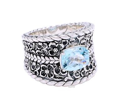 Anillo de plata esterlina John Hardy JAI topacio azul + banda de montura con textura floral-7 nuevo en caja Foto 1 de 4