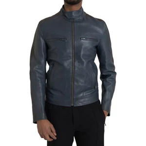 DOLCE & GABBANA Jacket Blue Leather Full Zip Biker Blouson IT48/US38/M $ $5600 - Picture 1 of 11