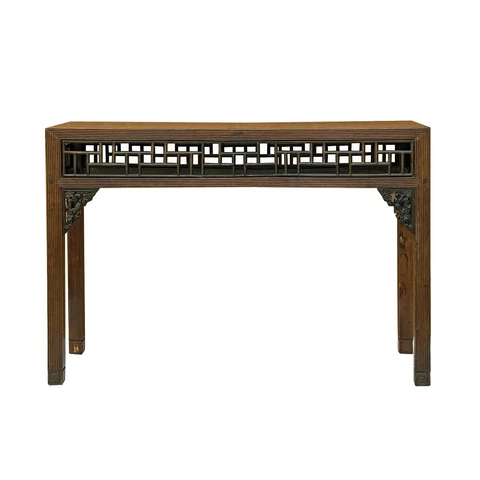 Chinese Brown Wood Geometric Pattern Carving Apron Side Altar Table cs7240 Cover