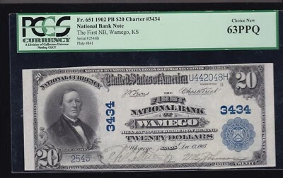 1902 $20 Plain Back FNB Wamego KS National Chtr#3434 FR 651 PCGS 63 PPQ (546) - Image 1 of 2