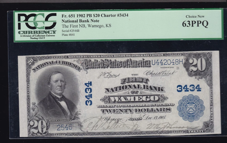 1902 $20 Plain Back FNB Wamego KS National Chtr#3434 FR 651 PCGS 63 PPQ (546) - Image 1 of 2