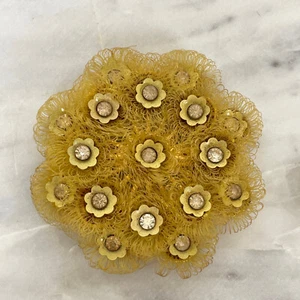 Vtg 50s 60s SPAGHETTI FLOWER BROOCH Gold Rhinestone Textured Mid Century 1950s - Picture 1 of 11