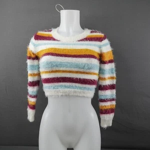 Womens Sweater Small Brown Yellow Stripe Eyelash Knit Cozy Crop Y2K Softgirl - Picture 1 of 12