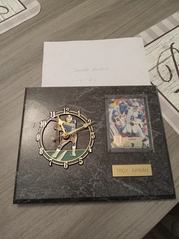 Vintage Troy Aikman Football Clock With Card On Marble Plaque Cover