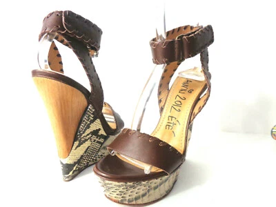 LANVIN  2012 ETE EU 38 Snake & Brown Leather Platform Wedge Ankle Sandals Shoes - Image 1 of 4