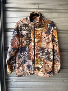 Vintage 90’s Black Mountain All Over Kitten Cat Fleece Zip Up Jacket Size M - Picture 1 of 17