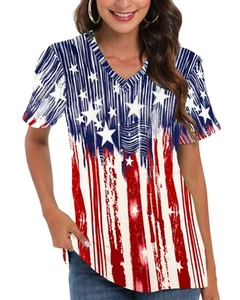Women's 4th of July Red White and Blue Shirt USA Flag Clothing Short Sleeve S... - Picture 1 of 7