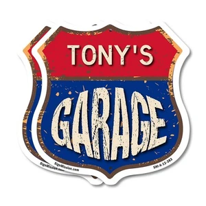Tony's Garage Shield Shaped Sign Weather Resistant Crafted in the USA - Picture 1 of 41