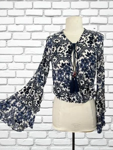 Womens Top S Trumpet Sleeves Fiesta Carnival Hippie Boho Floral Cinched Waist - Picture 1 of 7