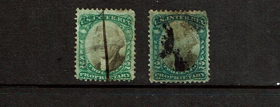 1871-4 U.S.Proprietary Washington 2c Grn/Blk Lot of 2 Paper Sc#RB2a&b Used Note^ - Image 1 of 1