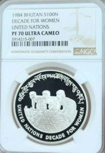 1984 BHUTAN SILVER 100 NGULTRUM DECADE FOR WOMEN NGC PF 70 ULTRA CAMEO PERFECT - Picture 1 of 4