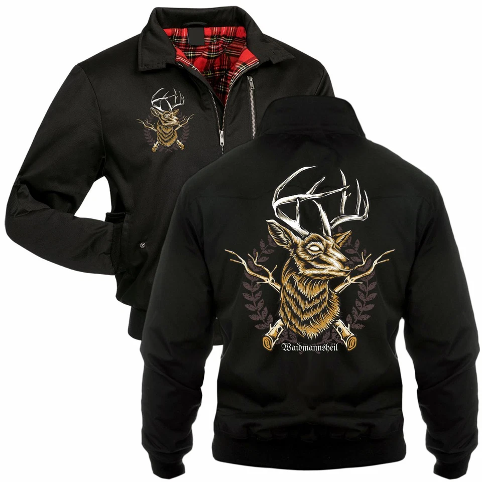 Herren Gefütterte Harrington Jacke Jäger Hirsch Wappen Winter Jagd Geschenk  - Bild 1 von 1