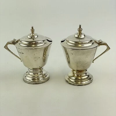 Par de ollas antiguas de plata maciza estilo trofeo mostaza Walker & Hall 1912 7,5 cm Foto 1 de 4