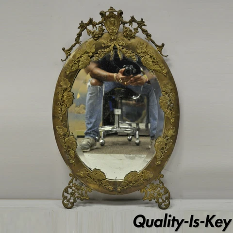 Antique French Louis XVI Brass Frame Oval Beveled Glass Mirror Bronze Ormolu Cover