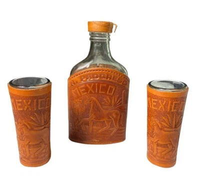 Mexico N. Progreso Hand Tooled Leather Flask Bottle And Two Shot Glasses - Image 1 of 4