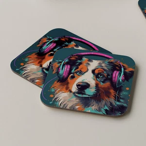 Australian Shepherd Coaster Drinks Tea Coffee Music Headphones DJ Music - Picture 1 of 1
