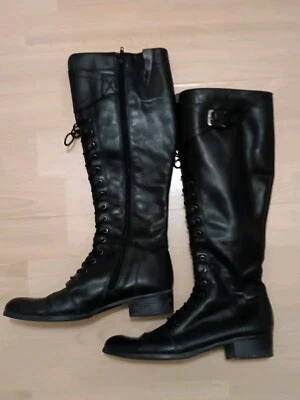 Stivali alti al ginocchio neri in vera pelle stringati piatti anni '60 70 stile hippie boho in perfette condizioni - Immagine 1 di 4