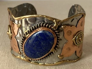 Studio Art Modernist Brutalist Lapis Mixed Metal Brass Copper Cuff Bracelet - Picture 1 of 9