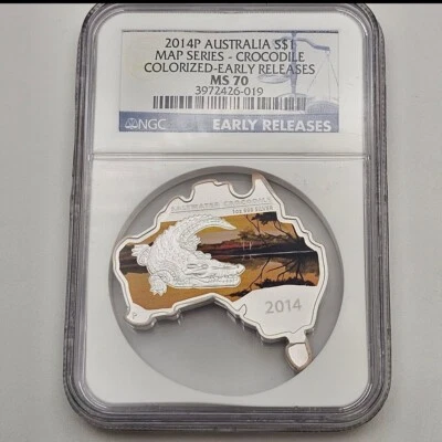 2014 Australia Map Series Crocodile Colorized Silver NGC MS 70 Early Release $1 - Image 1 of 4
