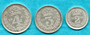 3 X 1941 MAUNDY COINS. KÖNIG GEORGE VI. FOURPENCE, THREEPENCE & TWOPENCE. SILBER. - Bild 1 von 2