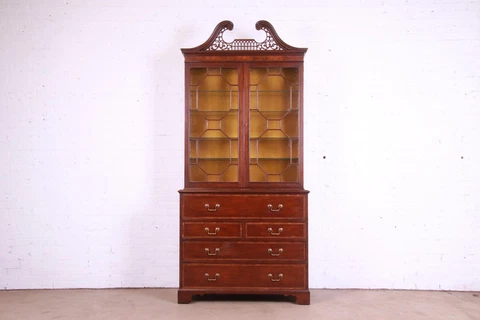 Baker Furniture Chippendale Carved Mahogany Drop Front Secretary Desk With Hutch Cover
