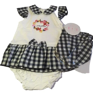 Baby Mädchen Kleid Set, Kleid, Hose & Mütze Karo Baumwolle Schleifen Blau/Weiß 3 - 6 M - Bild 1 von 3