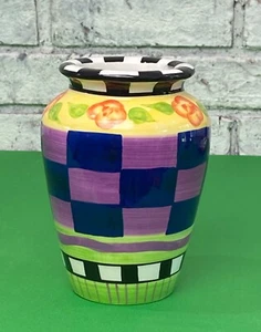 Jarrón vintage de porcelana pintado a mano Wangs International diseño púrpura a cuadros - Imagen 1 de 6