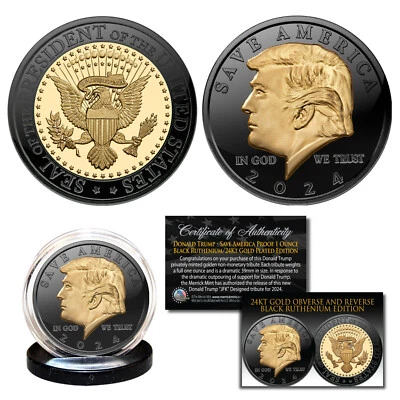 DONALD TRUMP Save America 2024 Prueba RUTENIO NEGRO Y ORO 24K 1 OZ. Moneda USA Foto 1 de 3