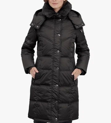 LONDON FOG womens Long Chevron Coat With Faux Fur Trimmed Hood 1X, Black - Image 1 of 4