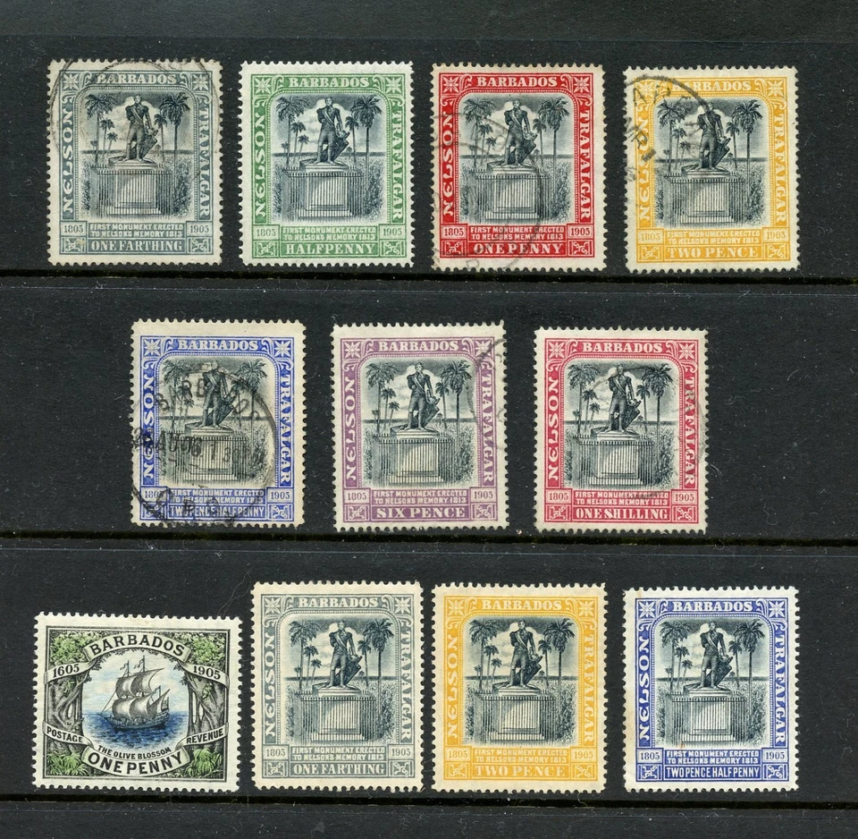 Barbados #102-8, 109, 110-2 (B303) (3) comp sets, Nelson & branch, M,H,U,CV$180. - Image 1 of 1