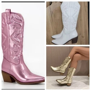 Cowboy Boots Mid Calf Ladies Heel Shoes Zip Western Rider Faux Leather Size New+ - Picture 1 of 17