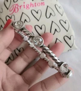 Brighton MONTE CARLO Clear Crystal-White Faux Pearl OVAL Hinged BANGLE Bracelet - Picture 1 of 6
