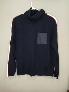 T By Talbots Large Black High Neck Ribbed Sweater Pocket Logo Striped Sleeve - Picture 1 of 10